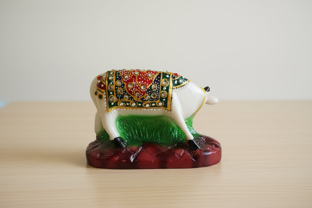 Kamdhenu cow and calf statue made with Marble dust home decoration Showpiece