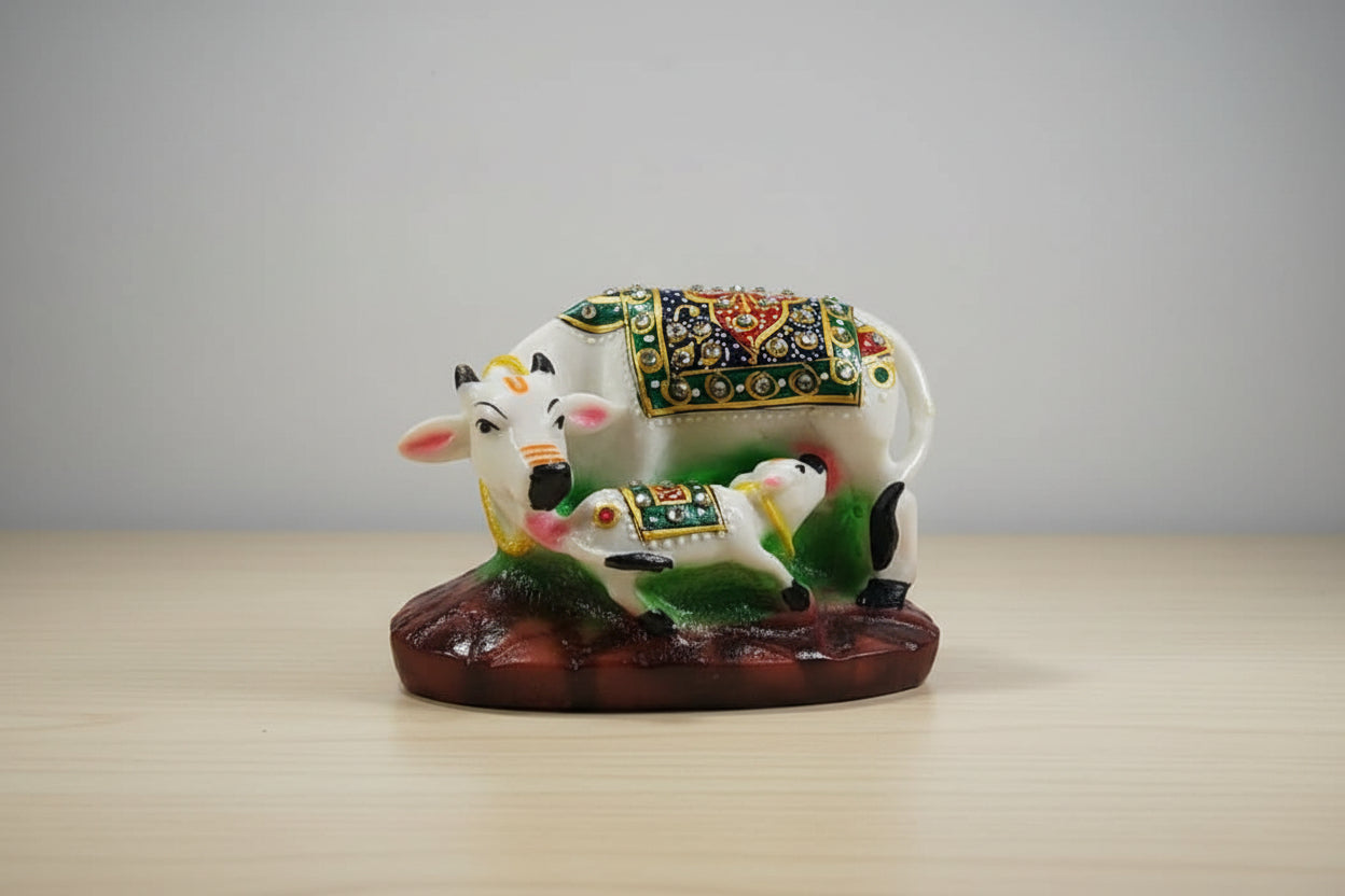 Kamdhenu cow and calf statue made with Marble dust home decoration Showpiece