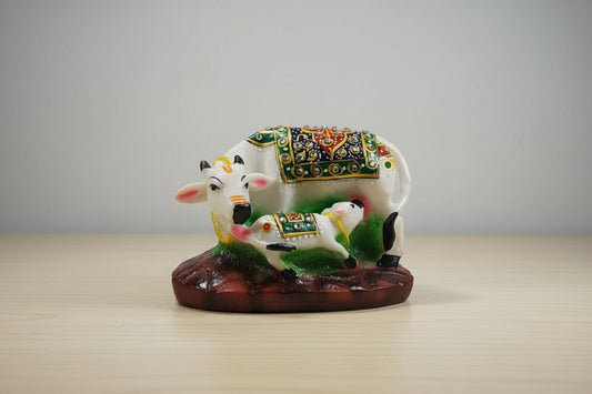 Kamdhenu cow and calf statue made with Marble dust home decoration Showpiece