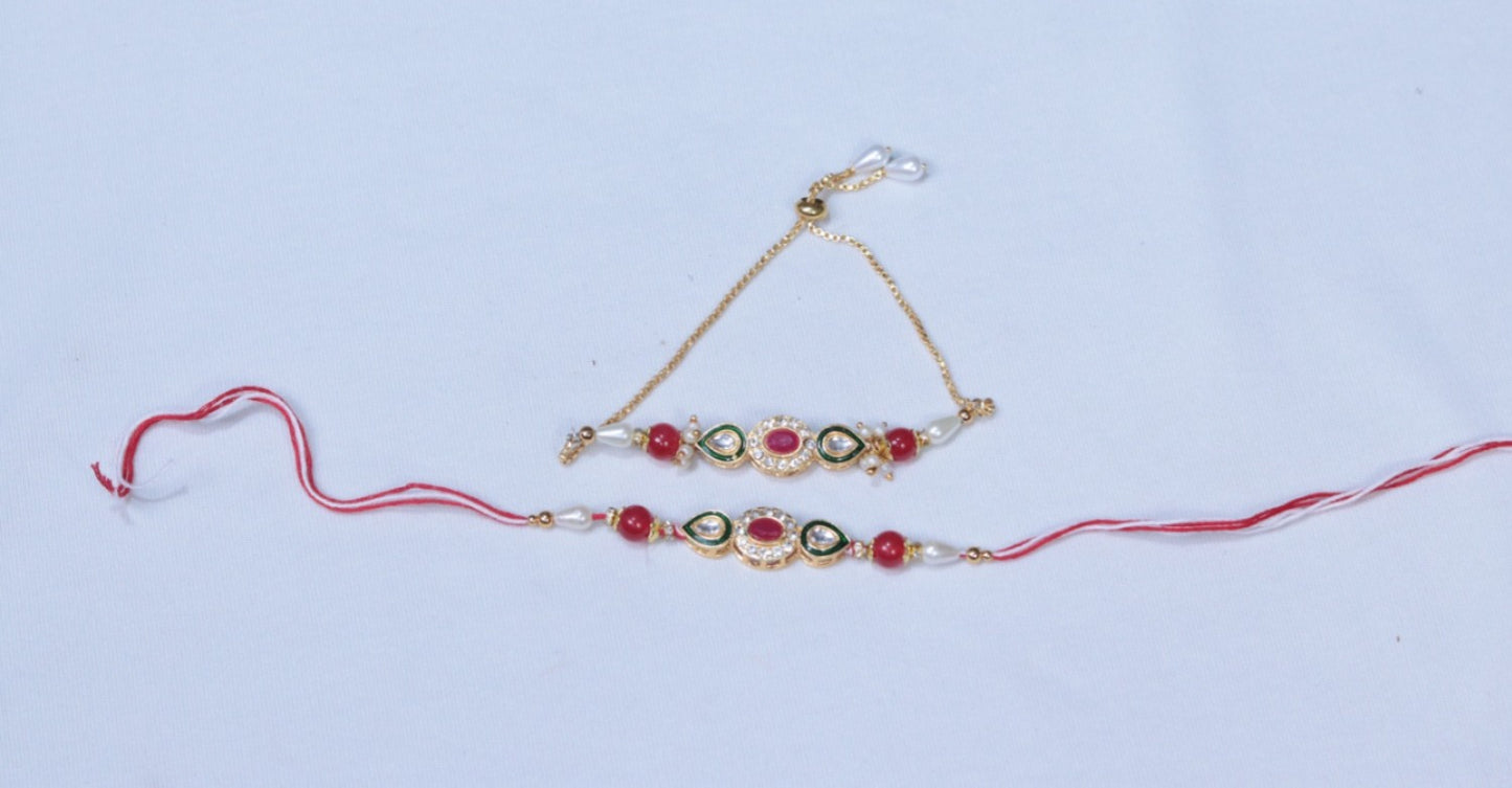 Bhaiya Bhabhi Red kundan and MeenaKari Rakhi Set