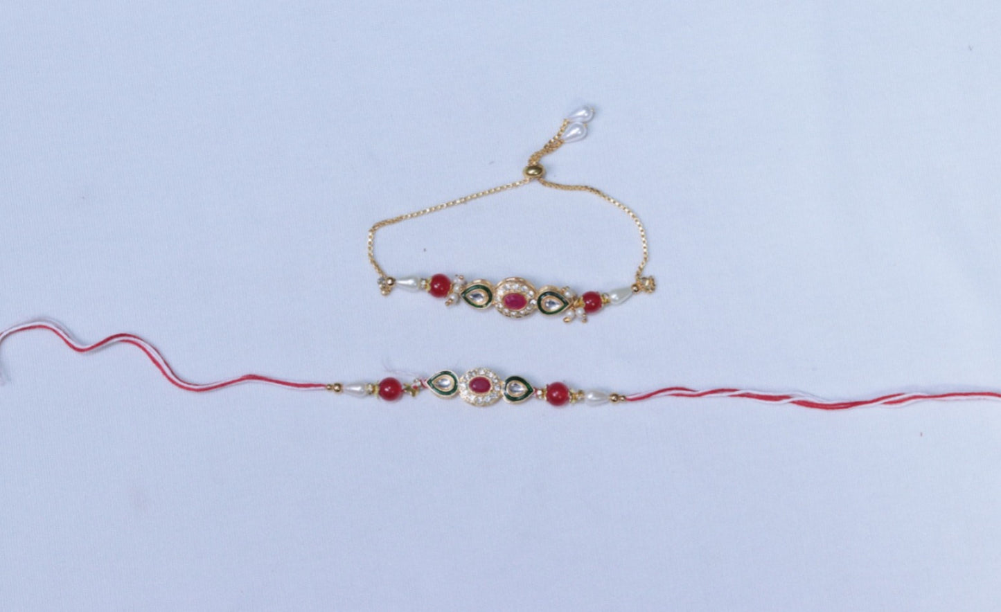 Bhaiya Bhabhi Red kundan and MeenaKari Rakhi Set