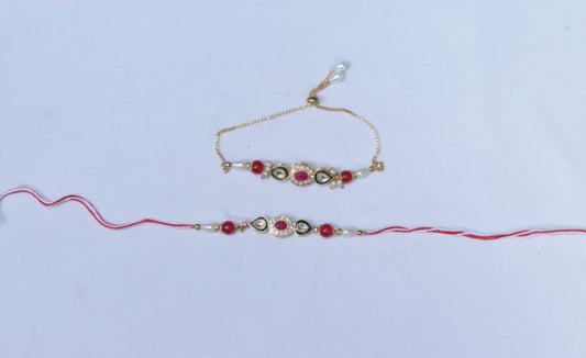 Bhaiya Bhabhi Red kundan and MeenaKari Rakhi Set